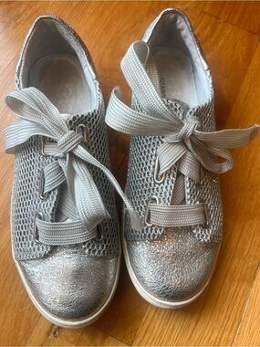 Gianni Bini Metallic Silver Mesh Lace-Up Sneakers